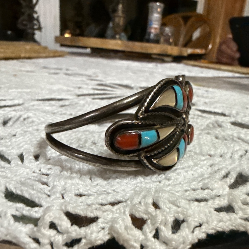 Vintage Zuni Sterling, Turquoise, Coral & MOP - Picture 3 of 10